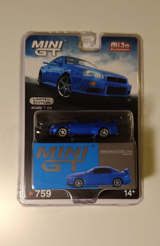 Mini GT Nissan Skyline GT-R (R34) V-Spec Bayside Blue Mijo Exclusive