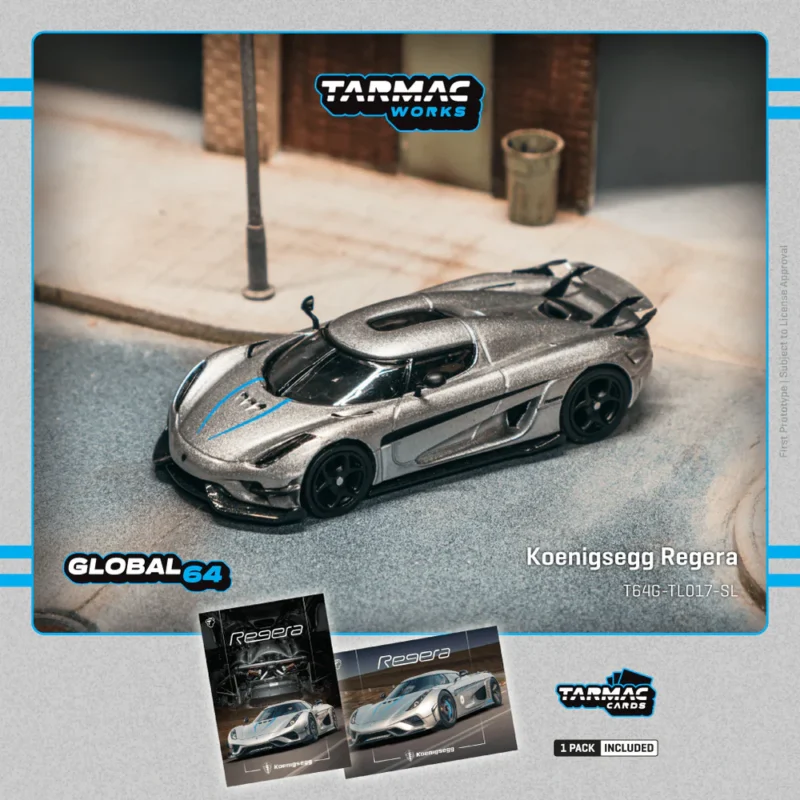 Tarmac Works Koenigsegg Regera Silver Metallic / Blue Accents with Tarmac Cards Combo Set